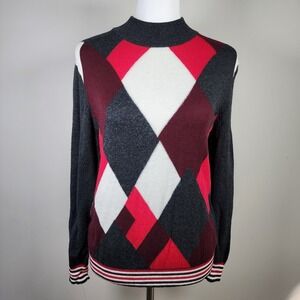 Women’s Argyle Mock Neck Sweater - Red, White, Charcoal